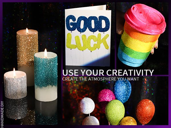 Collage of glitter craft projects including candles, a 'Good Luck' card, a rainbow cup, and glitter-covered spheres.