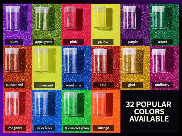 Collage of 32 small jars filled with fine polyester glitter in various colors, each labeled with its color name.