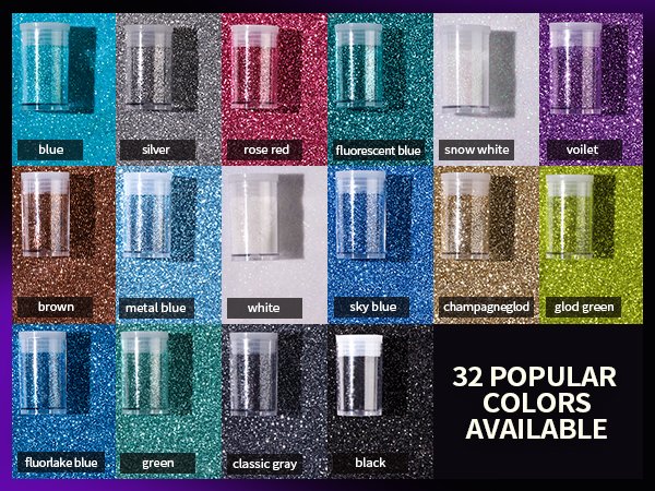 Collection of 32 small clear jars filled with fine polyester glitter in various colors, arranged in a grid with color labels below each jar.