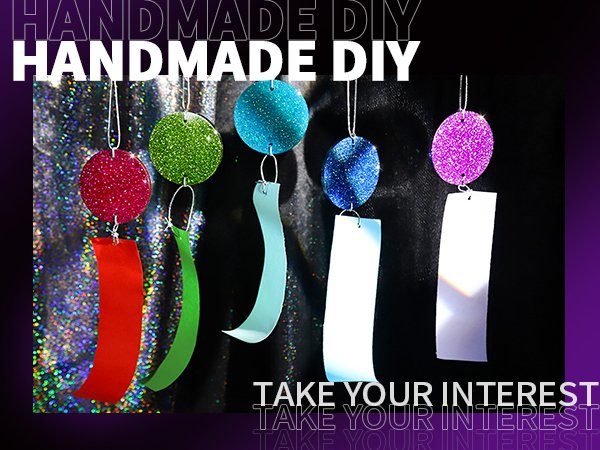 Handmade glitter wind chimes with colorful hanging strips, displayed against a sparkly background.