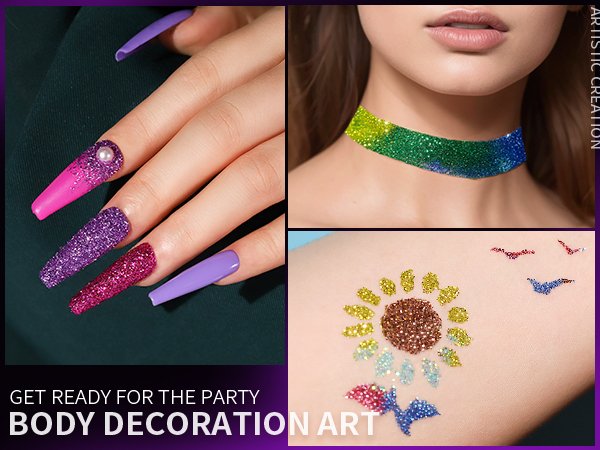 Collage of glitter applications: long nails with pink and purple glitter, a glitter choker, and glitter body art designs including a sunflower and birds.