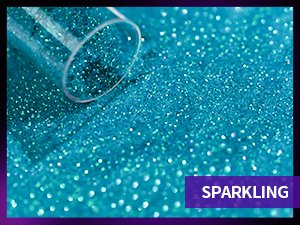 Close-up of teal fine polyester glitter spilling from a clear tube, with a purple banner reading SPARKLING.
