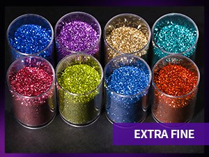 Eight clear jars filled with fine glitter in various colors, arranged in two rows on a dark surface.