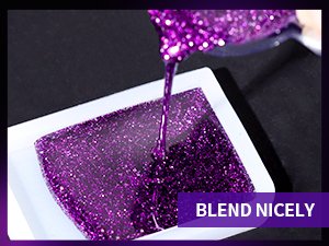 Purple glitter being poured into a white dish, with a purple banner reading 'BLEND NICELY' in the bottom right corner.