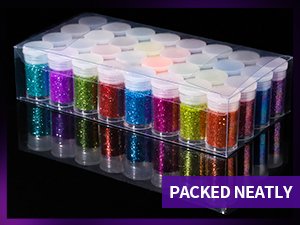 32 jars of fine polyester glitter in a clear plastic case, showing various colors like blue, purple, green, and orange.