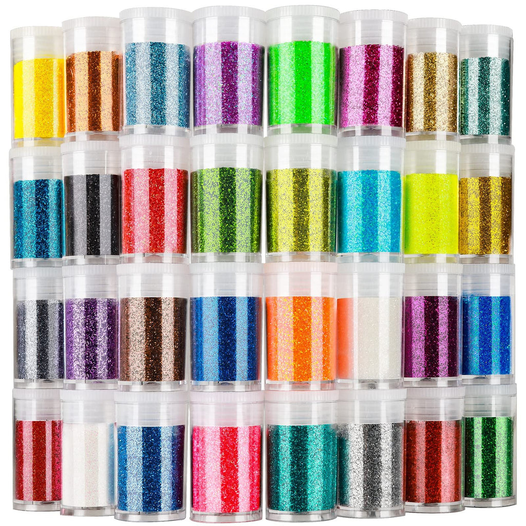 Stack of 32 clear jars filled with fine polyester glitter in various colors, arranged in rows.