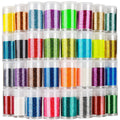 Stack of 32 clear jars filled with fine polyester glitter in various colors, arranged in rows.