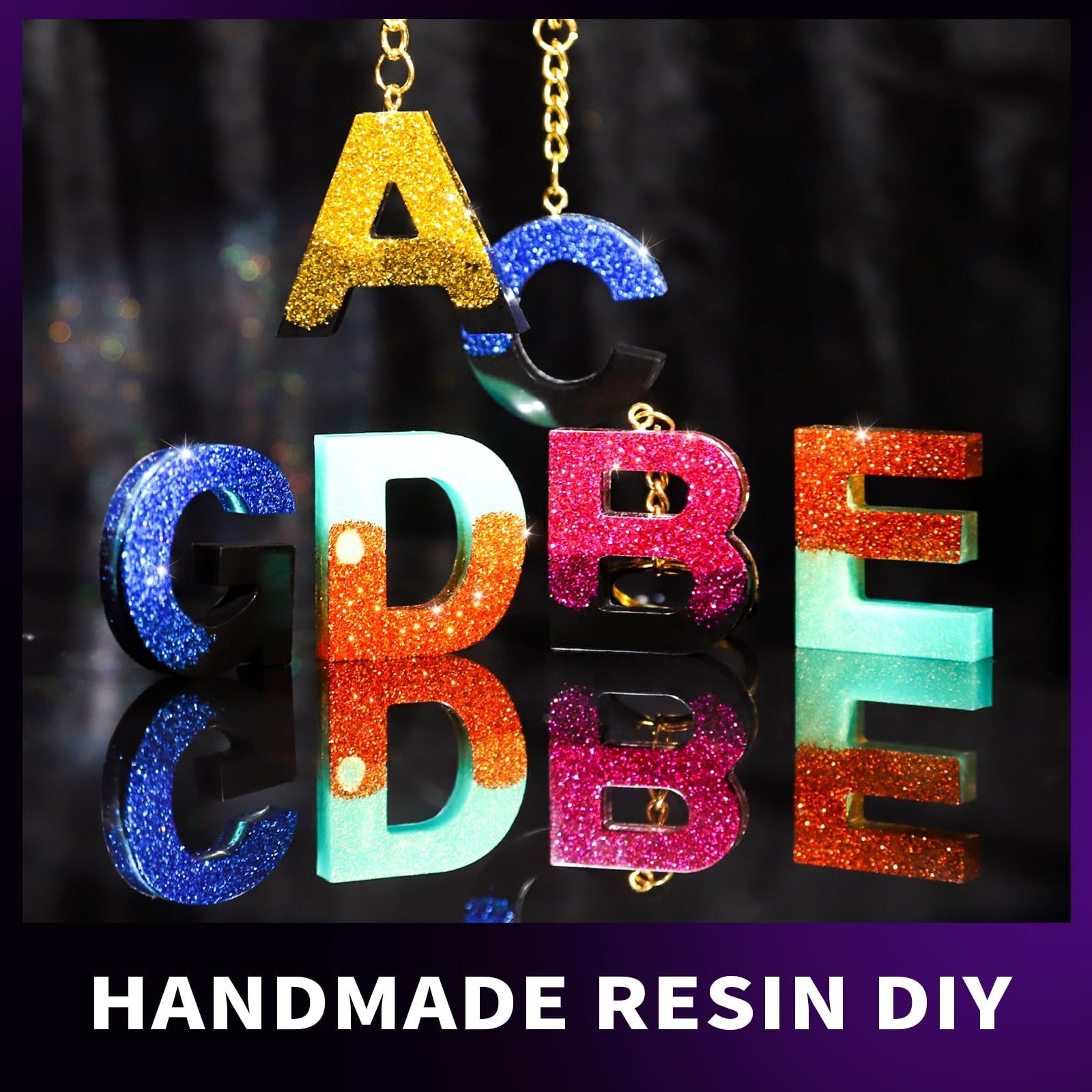 Glitter resin alphabet letters A, C, G, D, B, E with gold keychains on a reflective black surface.