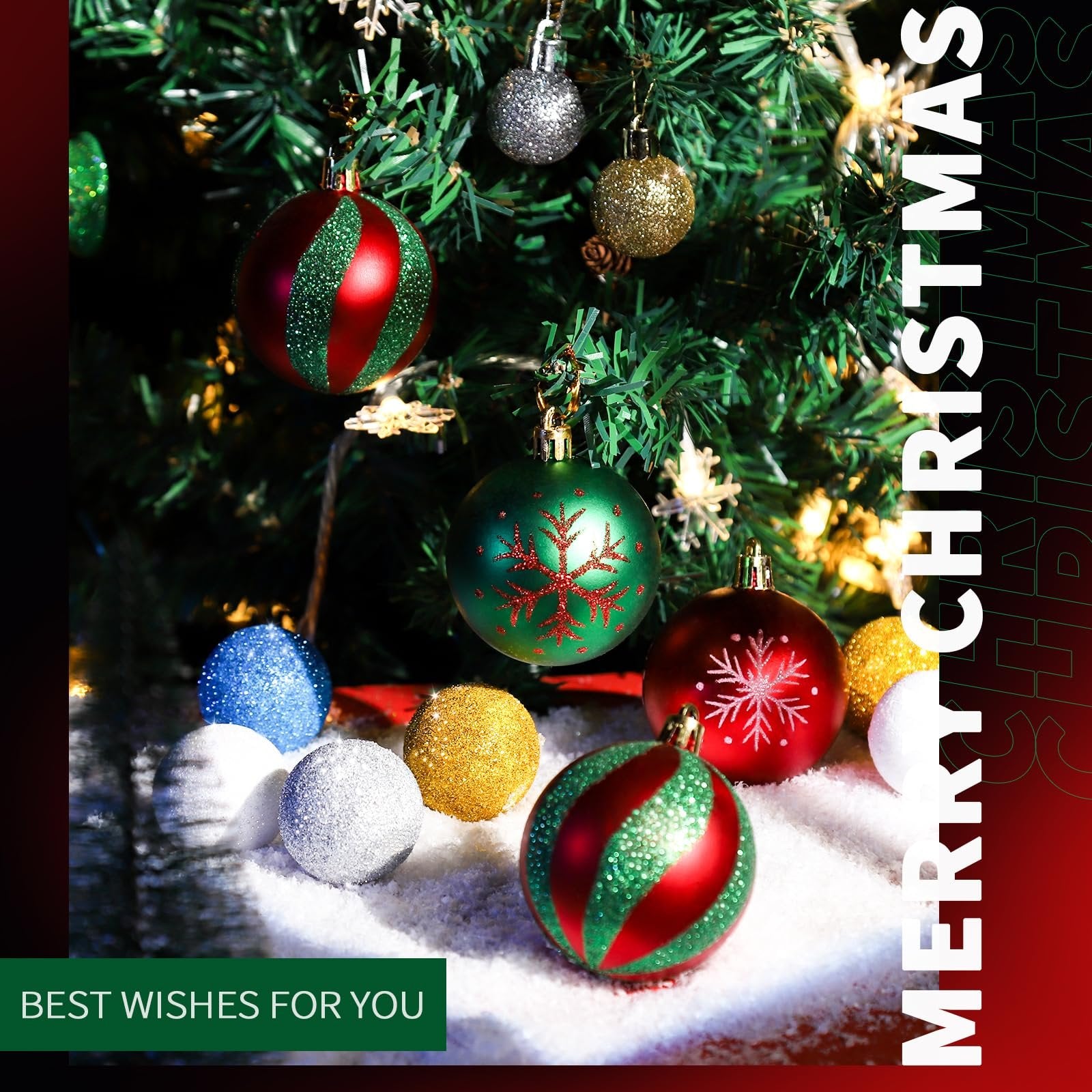 Christmas tree with red, green, gold, silver, and blue ornaments on a snowy surface.