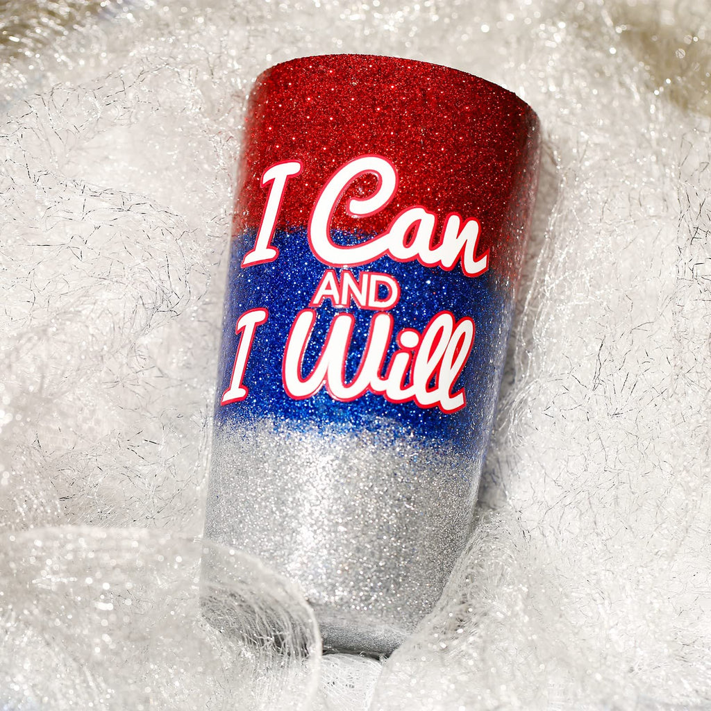 Glitter tumbler with red, blue, and silver glitter, featuring white text 'I Can AND I Will'.