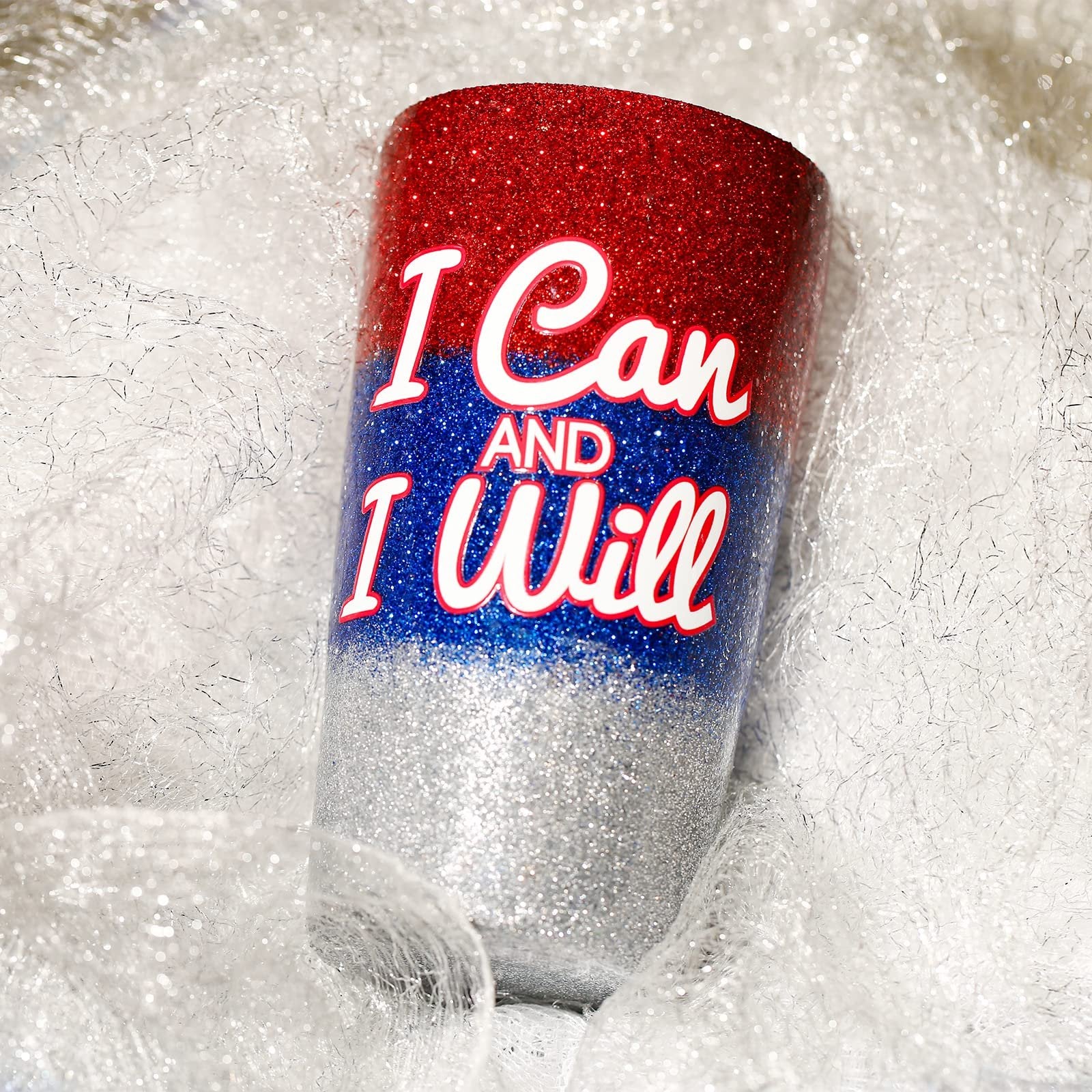 Glitter tumbler with red, blue, and silver glitter, featuring white text 'I Can AND I Will'.