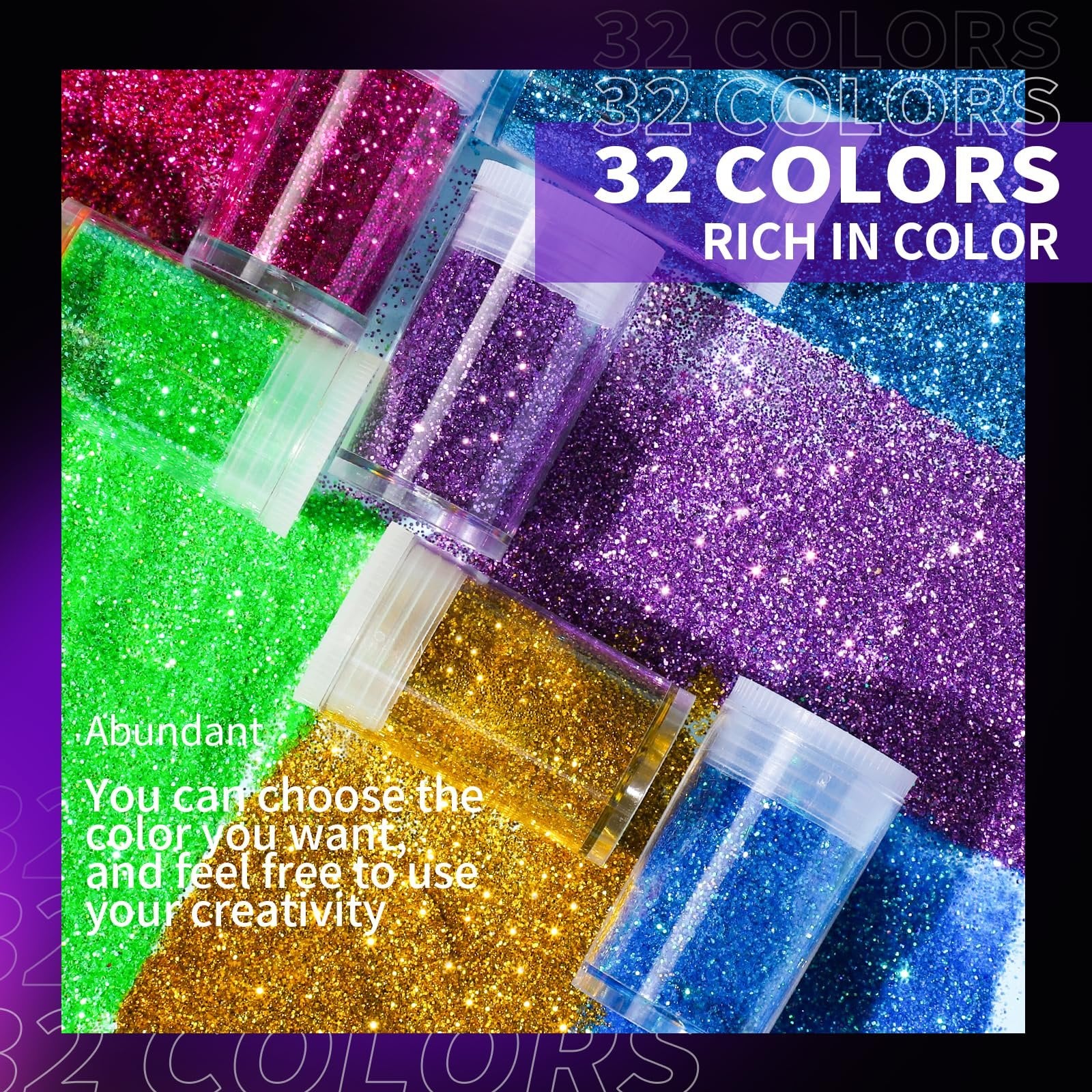 Close-up of multiple jars filled with colorful fine polyester glitter in pink, green, purple, gold, and blue.