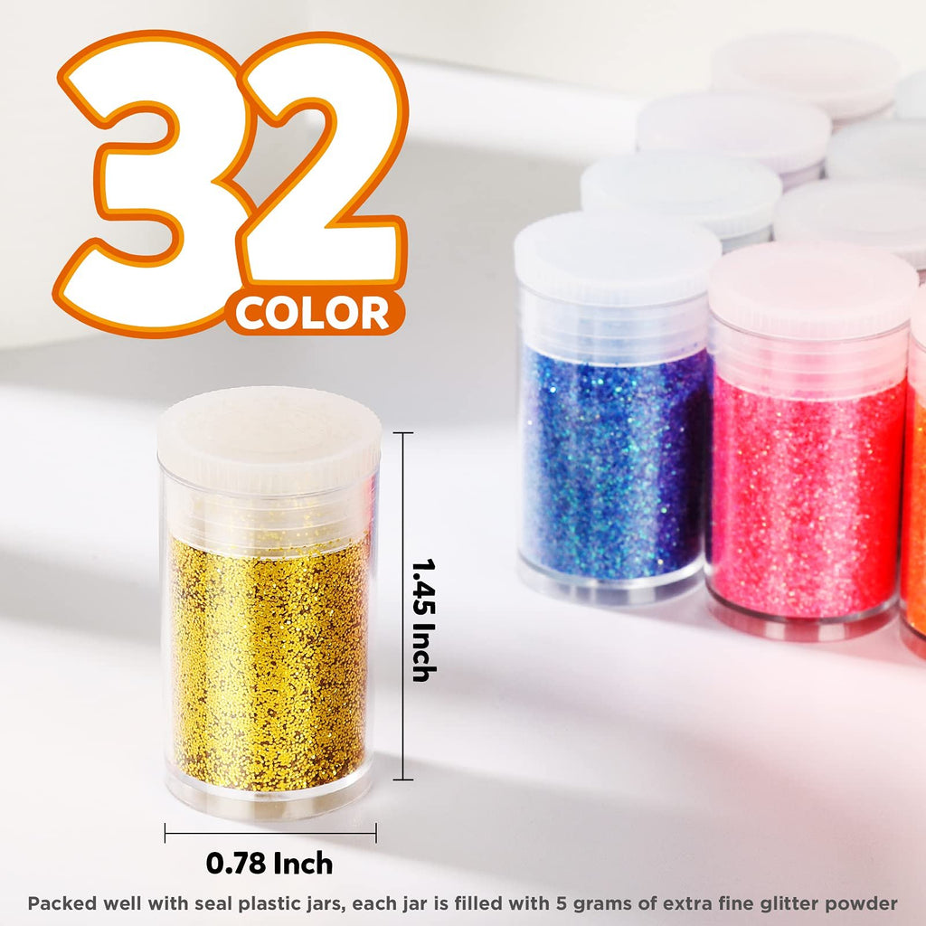 Set of 32 fine polyester glitter jars, one gold glitter jar shown with dimensions 0.78 x 1.45 inches.