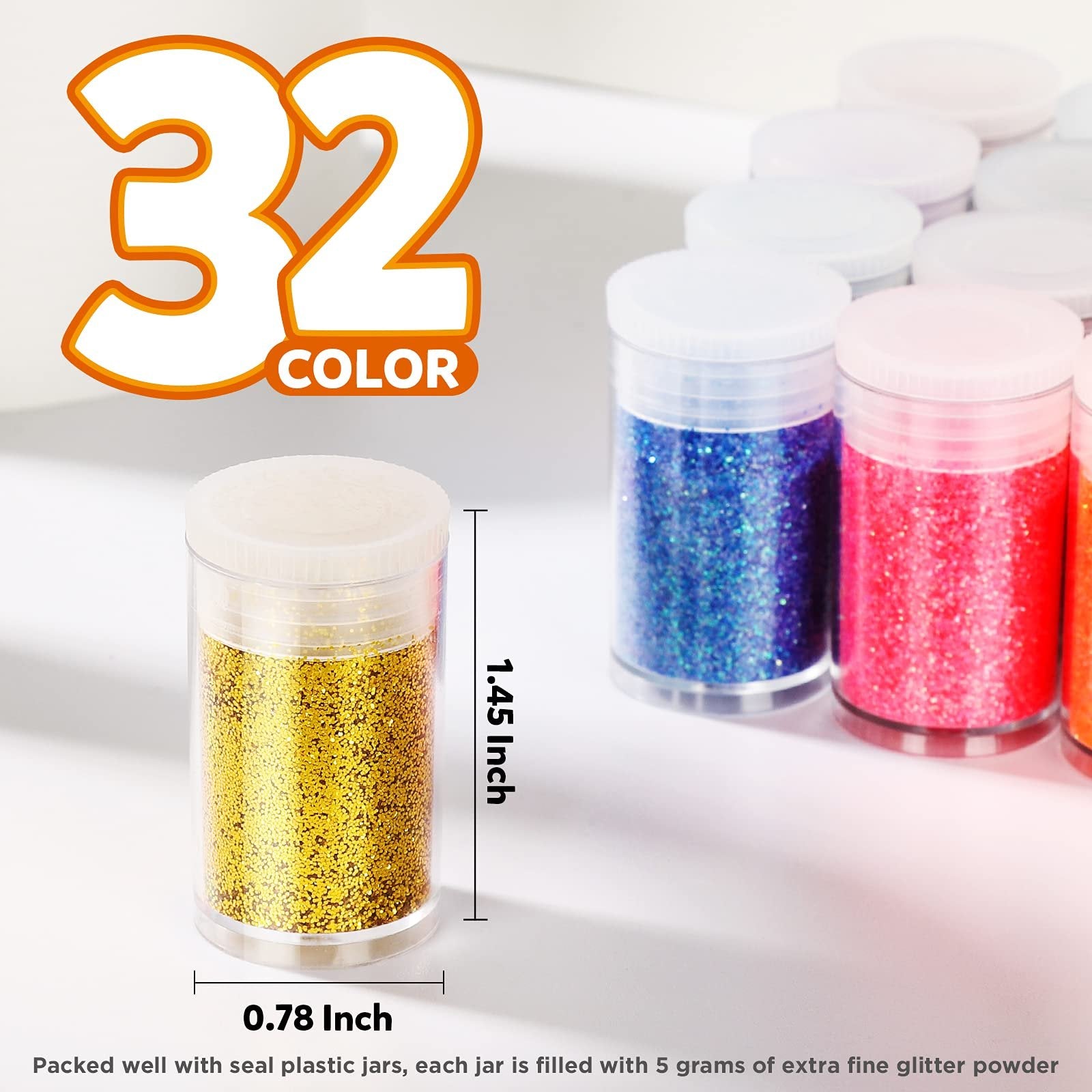 Set of 32 fine polyester glitter jars, one gold glitter jar shown with dimensions 0.78 x 1.45 inches.