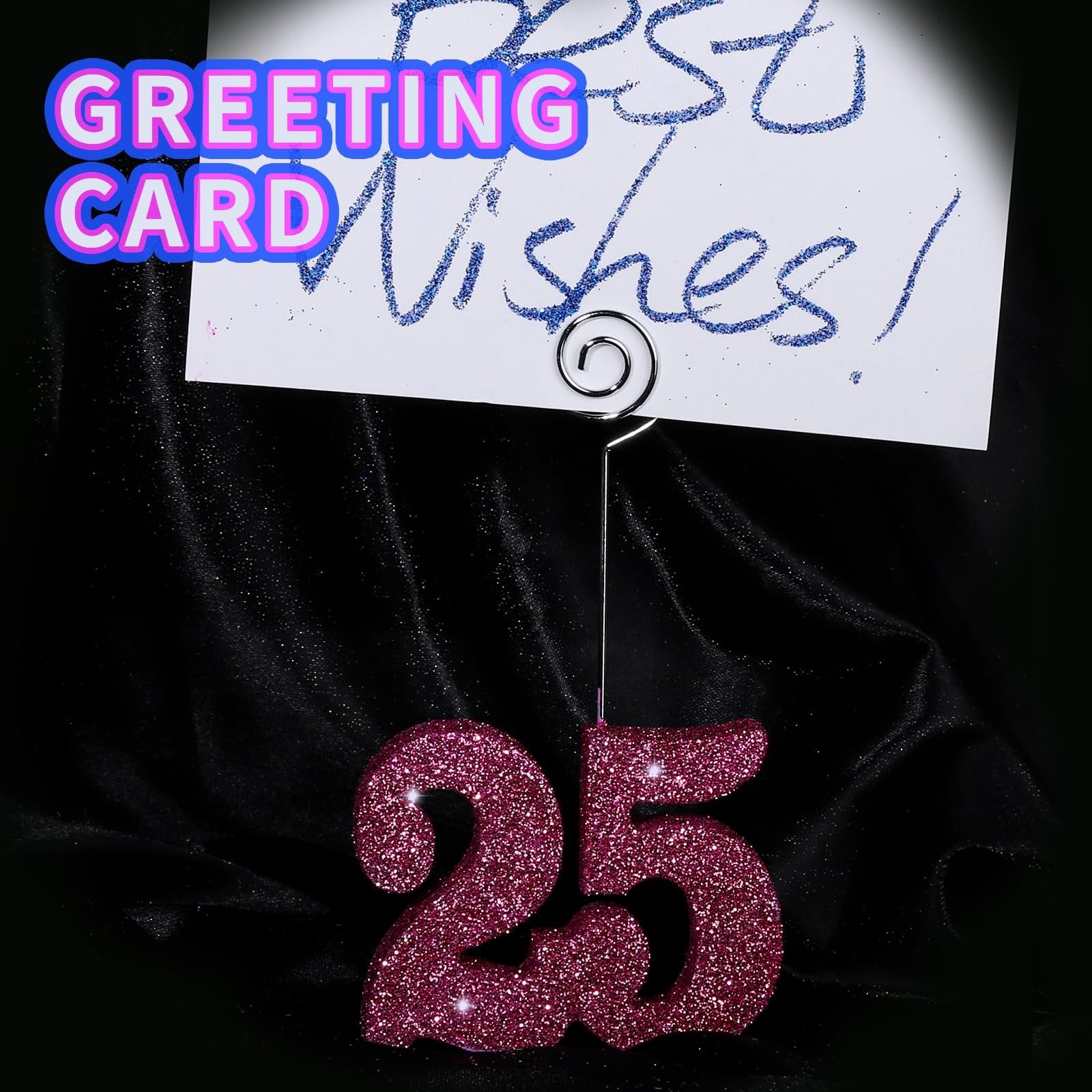 Glitter covered number 25 and a card with 'GREETING CARD Wishes!' written in glitter