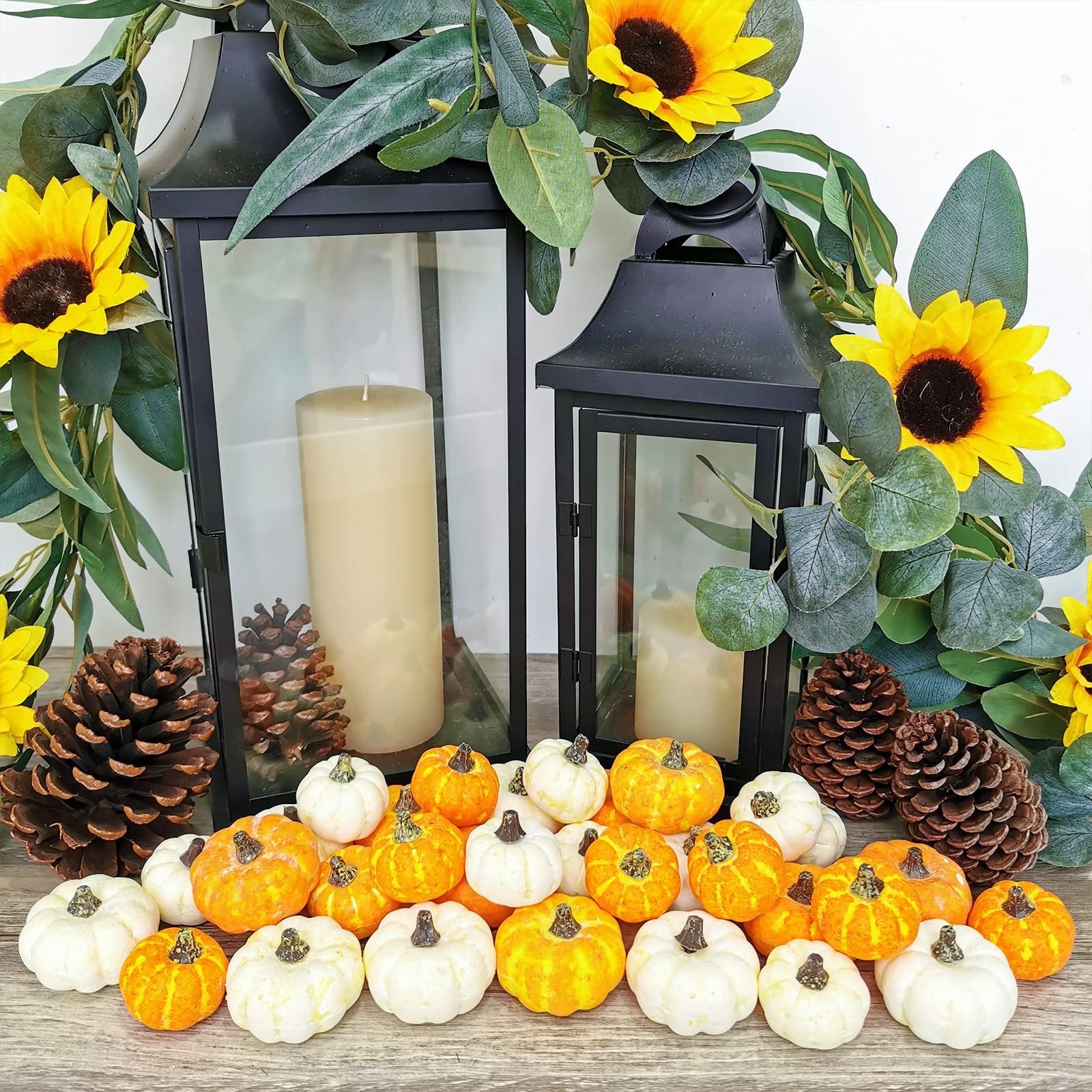 Assorted orange and cream mini pumpkins arranged with lanterns, sunflowers, eucalyptus, and pinecones on a wooden surface.