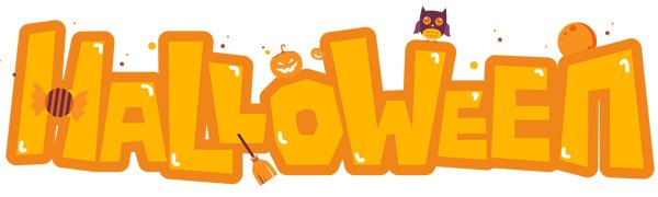 Large orange "HALLOWEEN" text with festive Halloween graphics like pumpkins, an owl, and a broomstick.
