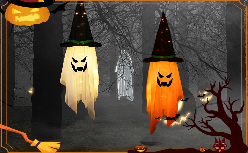 Two glowing ghost witch hat Halloween decorations hanging in a spooky forest setting with bats and a pumpkin.