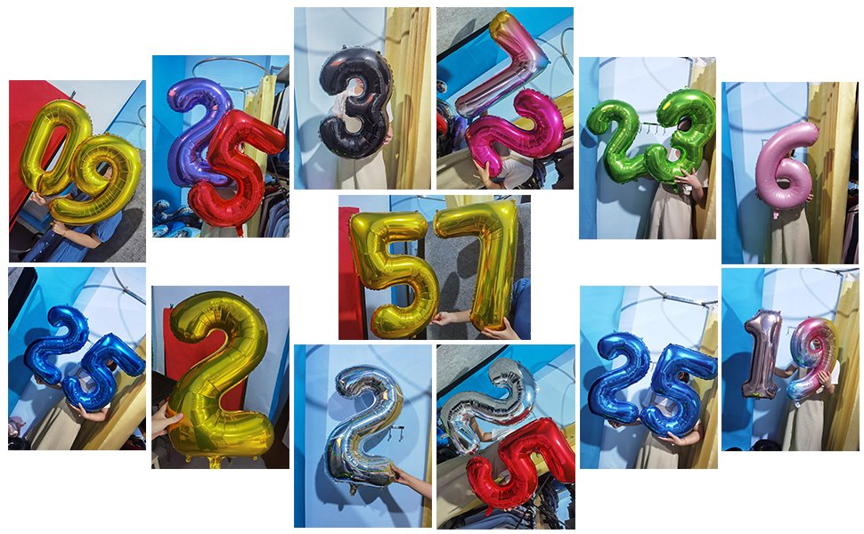 Collage of various number foil balloons in different colors and sizes, held by hands.