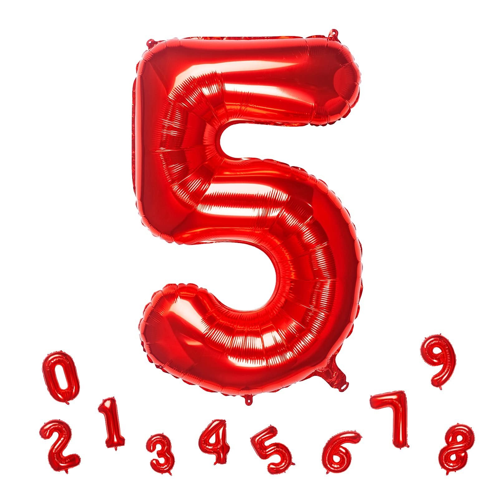 Red foil number 5 balloon with smaller number balloons 0-9 scattered around it on a white background.