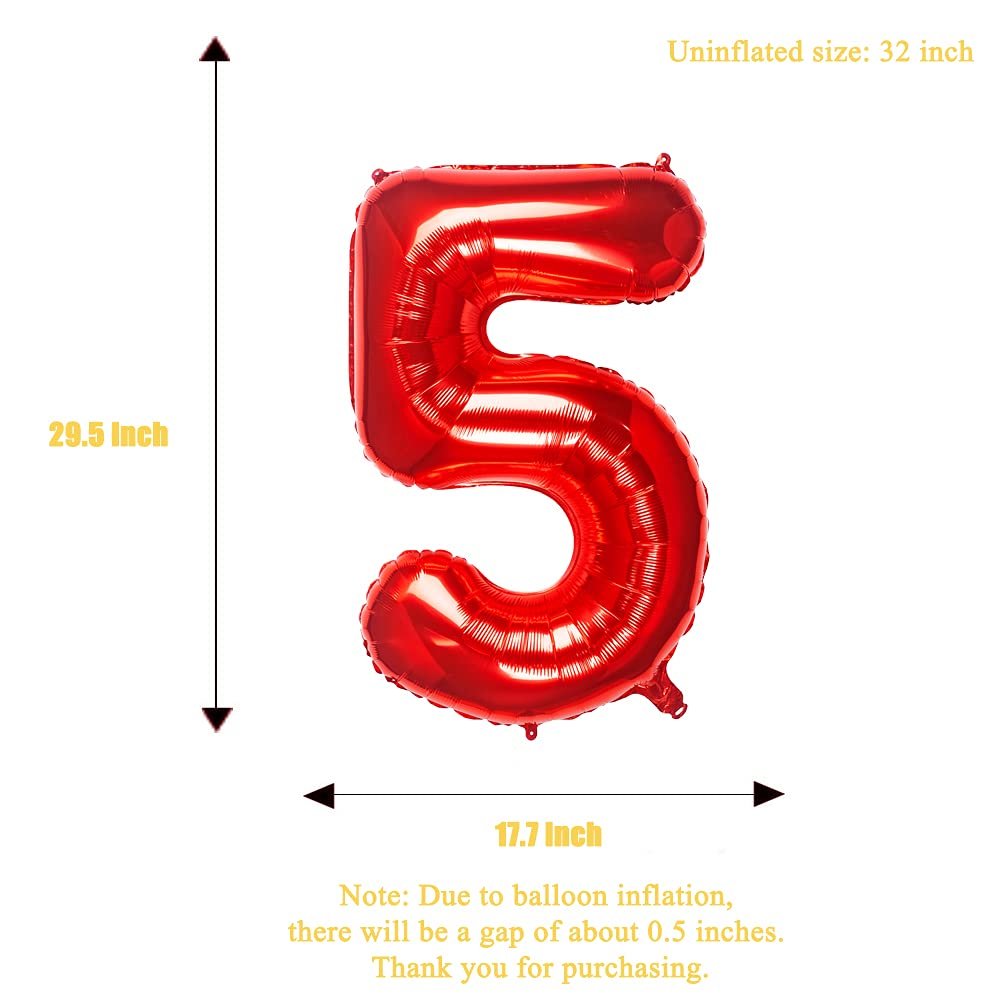 Red number 5 foil balloon with size dimensions and inflation note