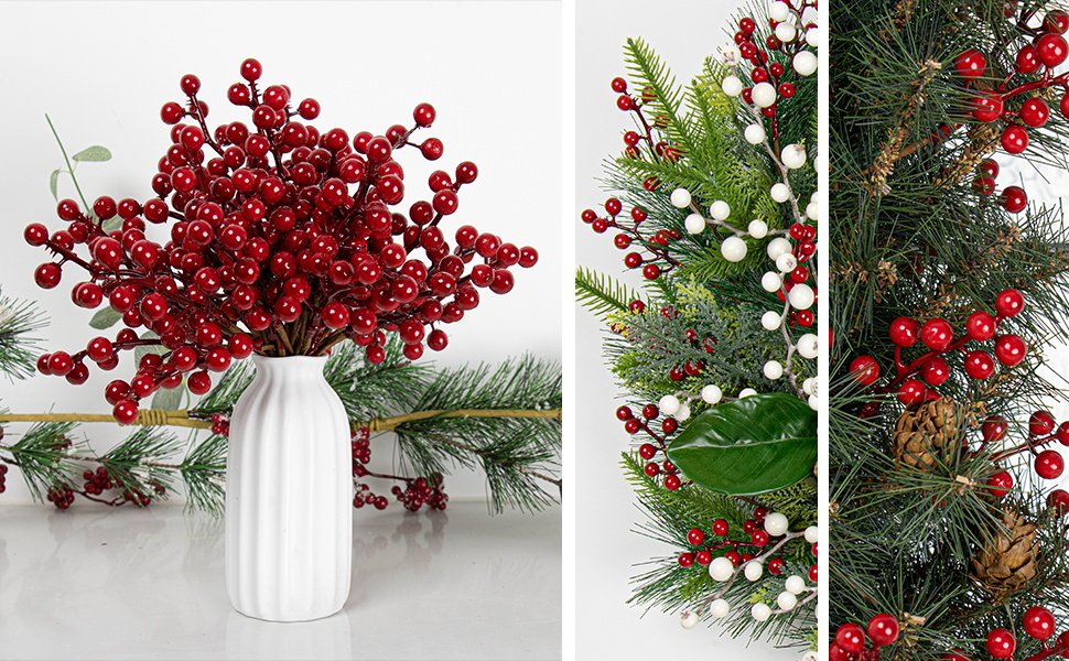 Artificial red berry stems and pine garland with pinecones and white berries