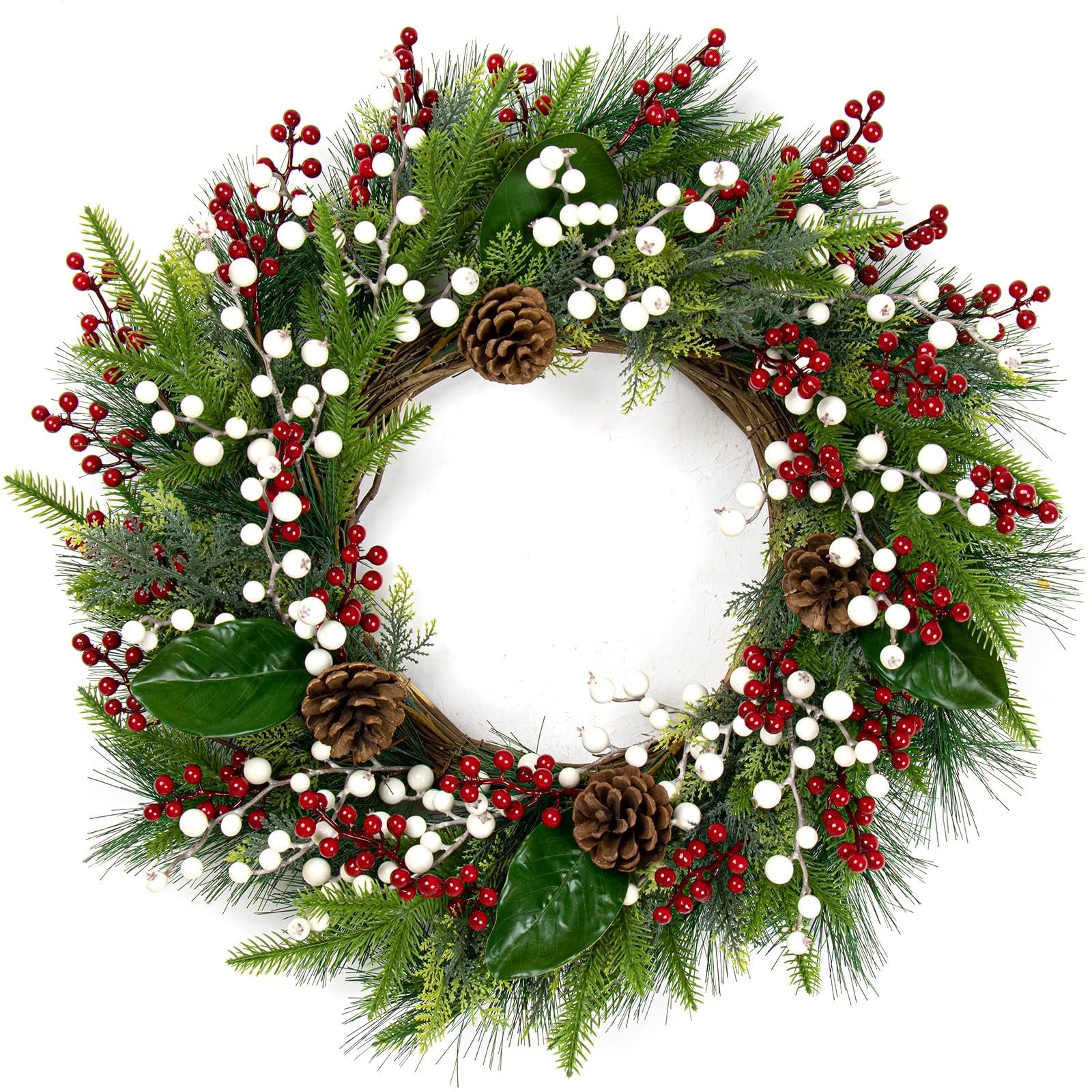 Christmas wreath with red berries, white berries, pine cones, and green foliage on a white background.