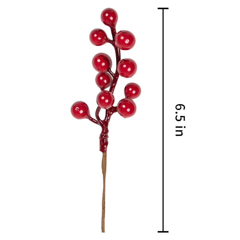 Artificial red berry stem with holly berries and a 6.5 inch measurement indicator on white background