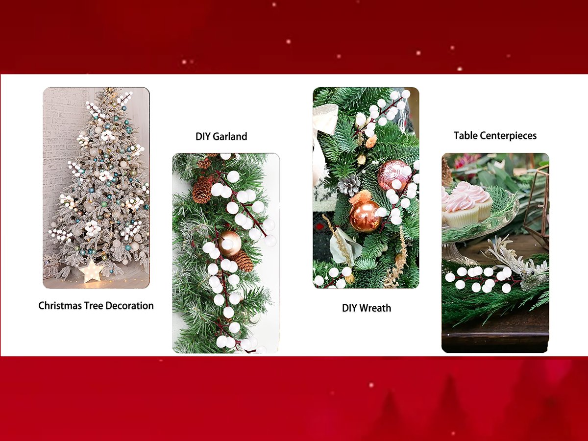 Four Christmas decoration ideas: decorated tree, garland, wreath, and table centerpiece using white berry stems.