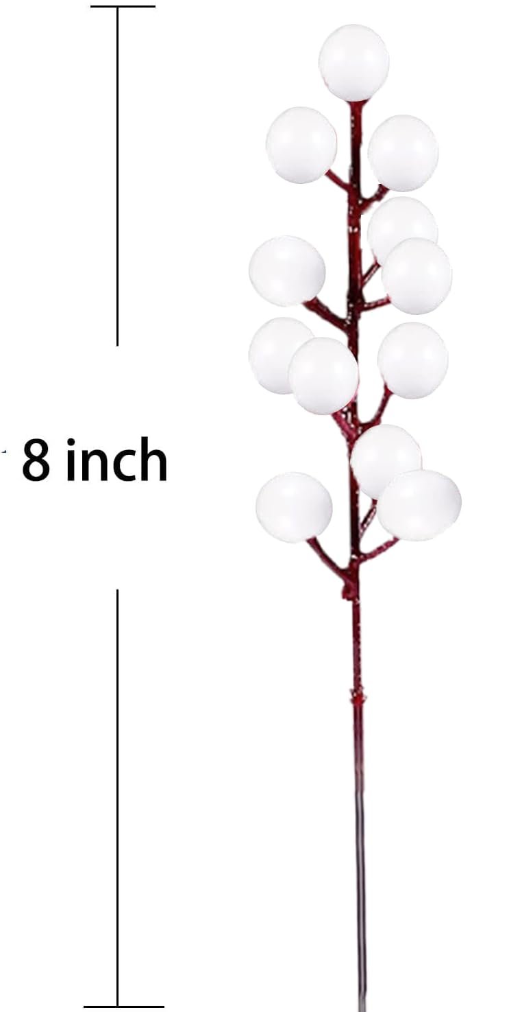 Single white berry stem with red branches on a white background, with an 8-inch measurement indicator.