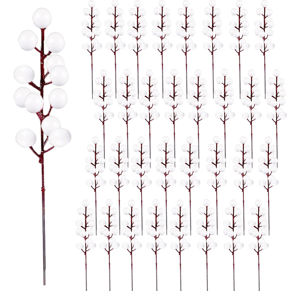 32 white berry stems with red branches, shown from the front with one stem on the left and 31 stems arranged in columns on the right.