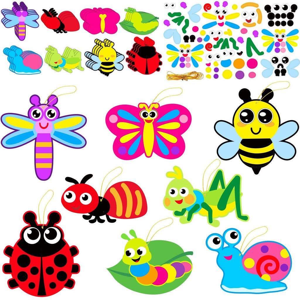 Spring bug craft kits with assorted insect shapes and craft supplies on a white background.
