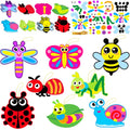 Spring bug craft kits with assorted insect shapes and craft supplies on a white background.