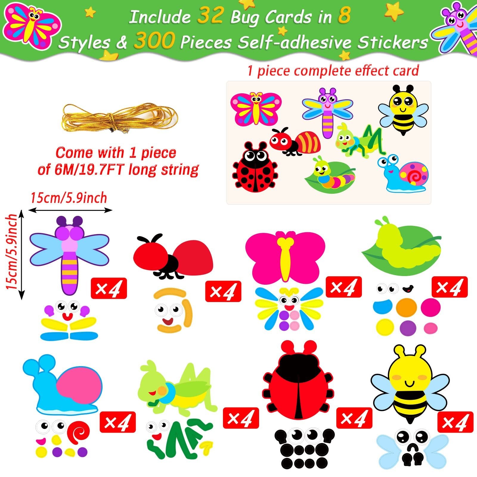 Spring bug craft kits with various insect components and accessories, including string and stickers.