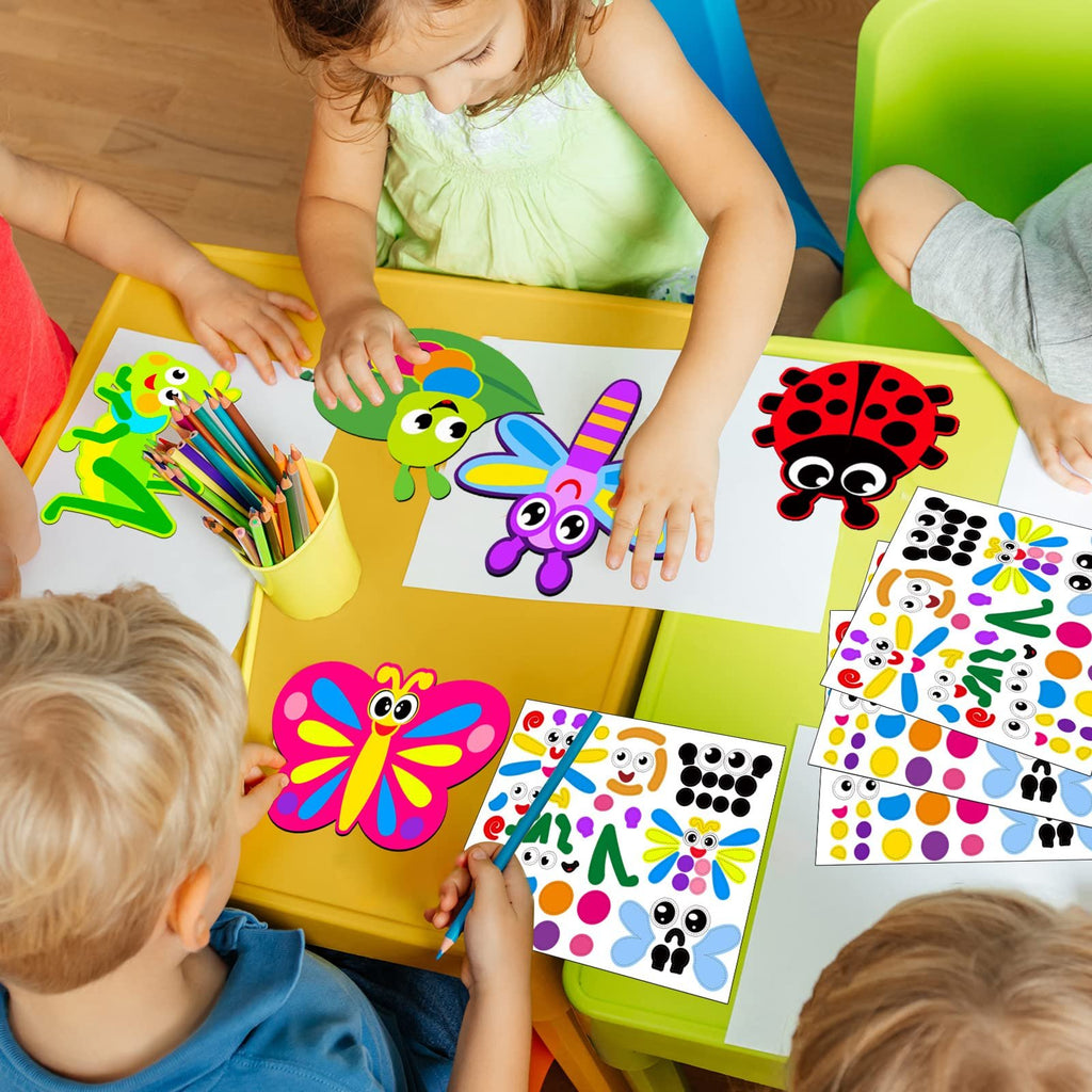 Children crafting colorful insect figures and stickers at a table with pencils and craft supplies.