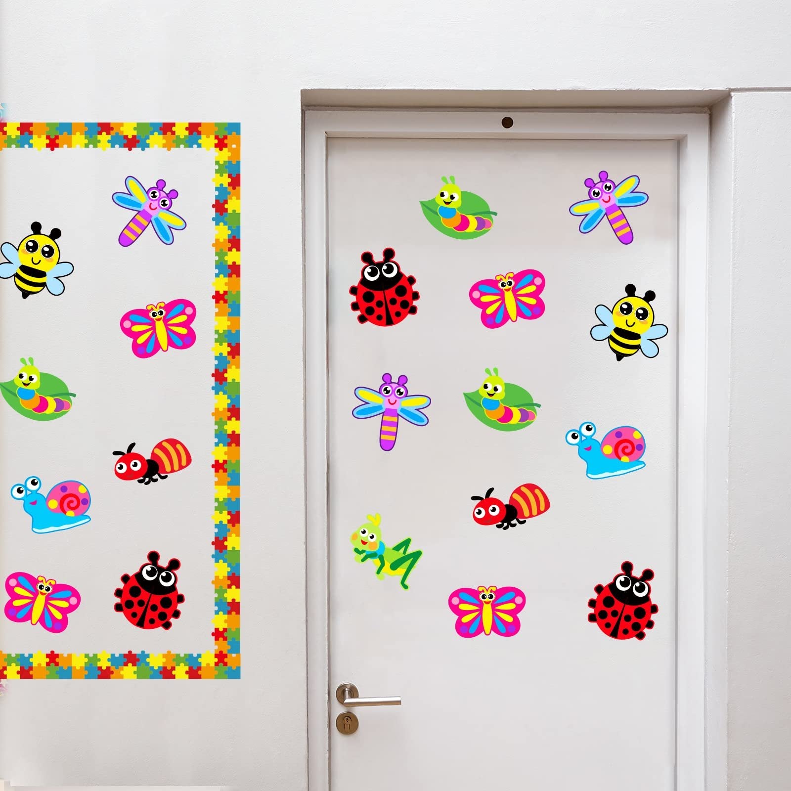 Assorted colorful spring bug craft stickers including bees, butterflies, ladybugs, dragonflies, snails, and caterpillars applied to a white door and wall.