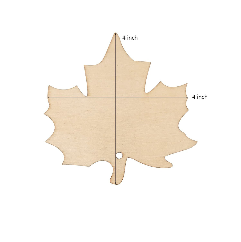 Unfinished wood maple leaf cutout with dimensions indicated by arrows and text.