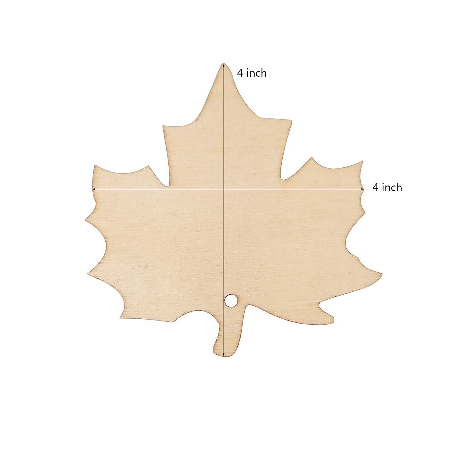 Unfinished wood maple leaf cutout with dimensions indicated by arrows and text.