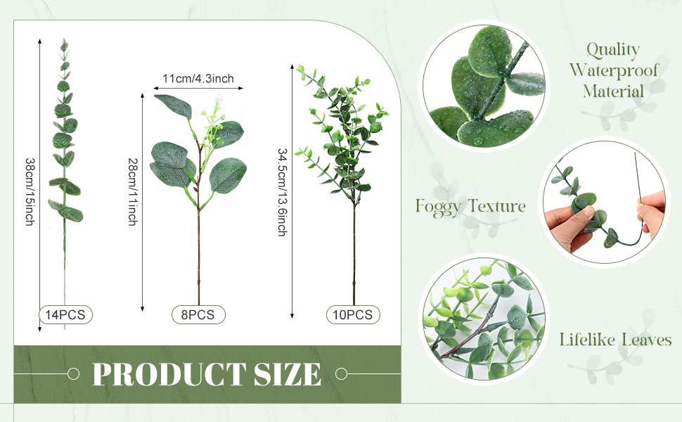 Three artificial eucalyptus stems with dimensions and piece counts, plus close-ups of leaves and texture.