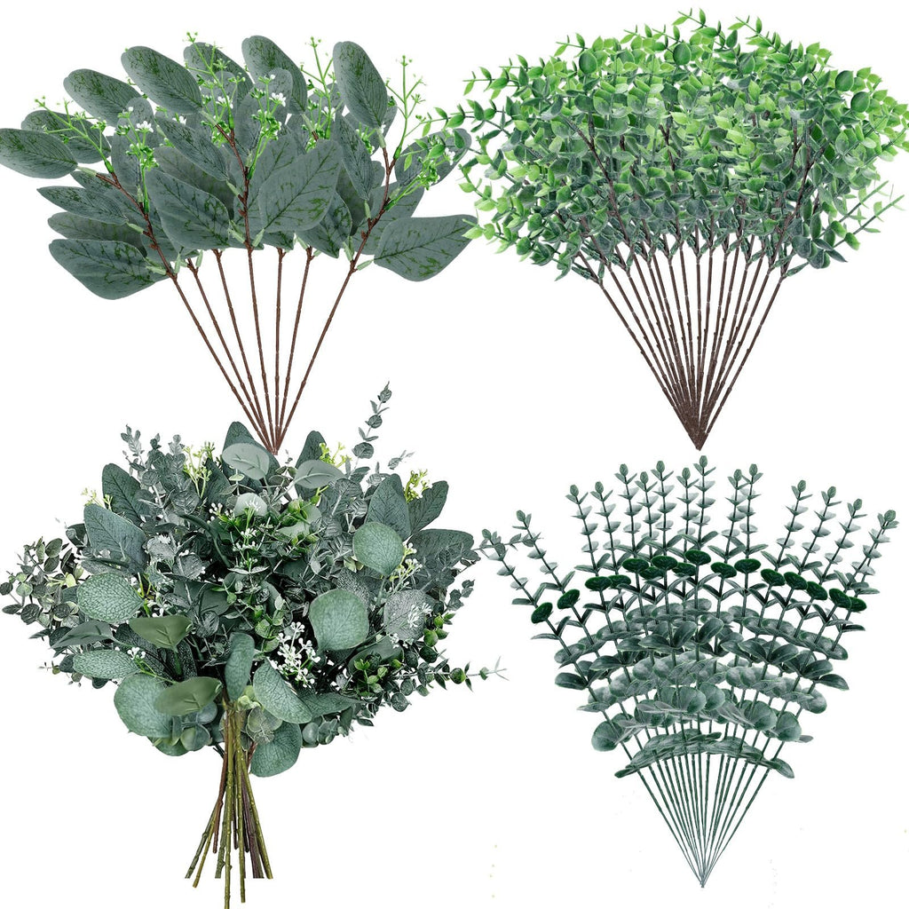 Four arrangements of artificial eucalyptus stems with varying leaf shapes and colors on a white background.