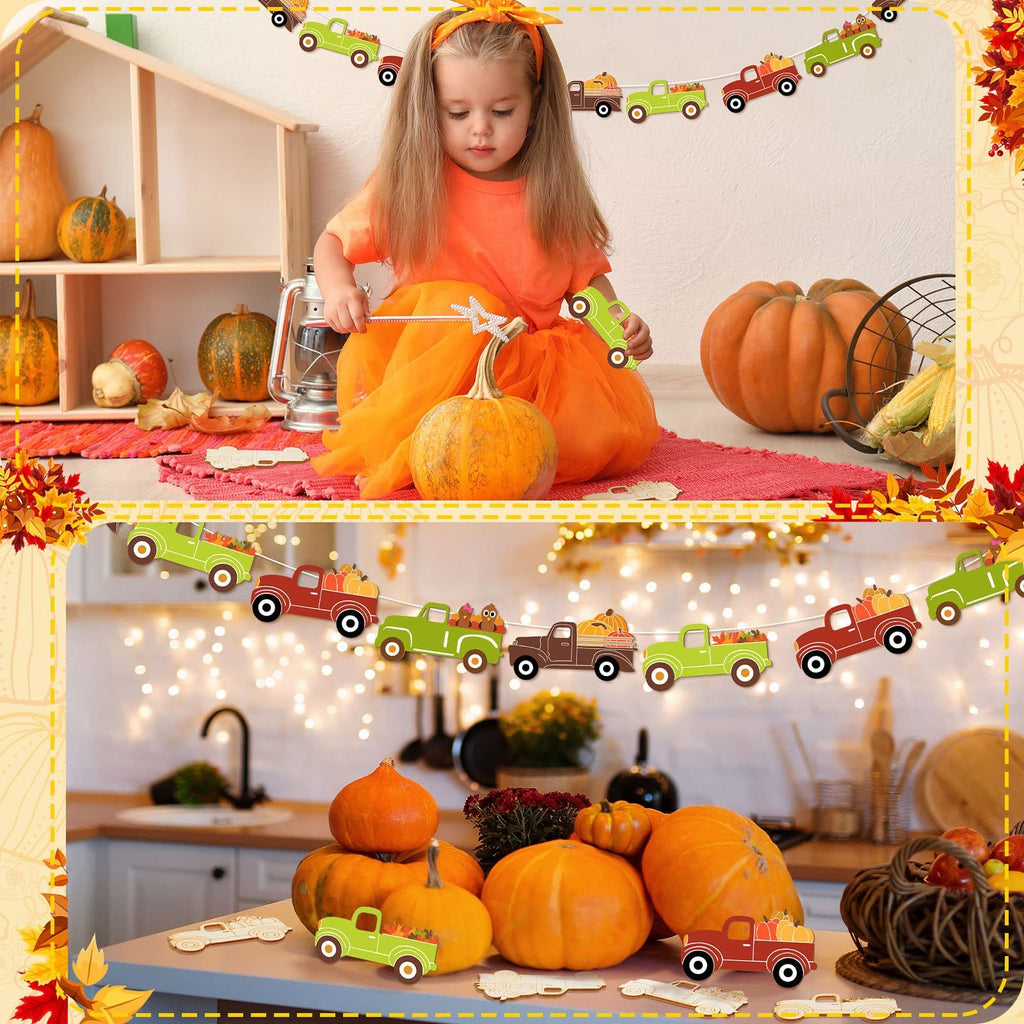 Child holding a banner of unfinished wooden fall trucks with pumpkins and gourds