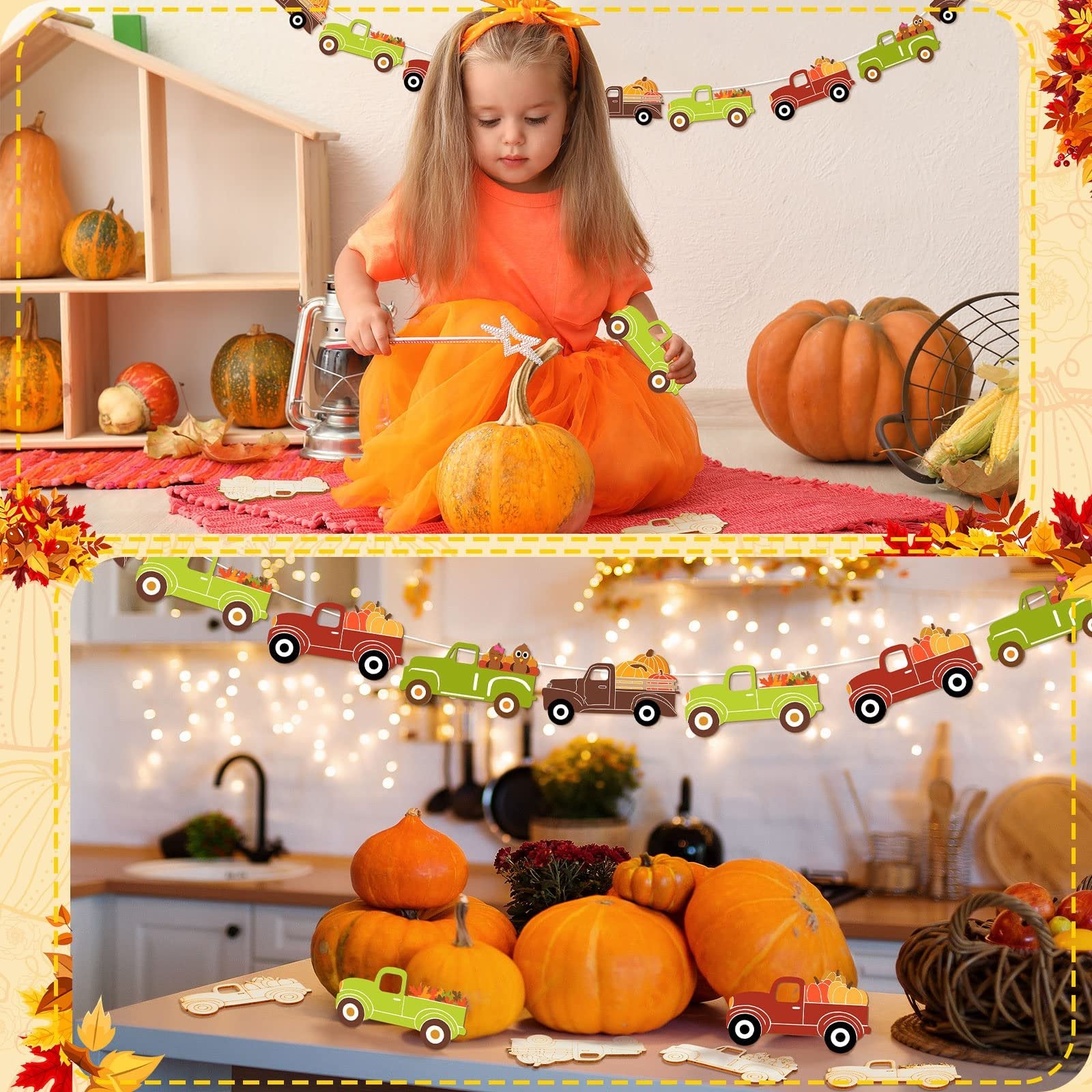 Child holding a banner of unfinished wooden fall trucks with pumpkins and gourds