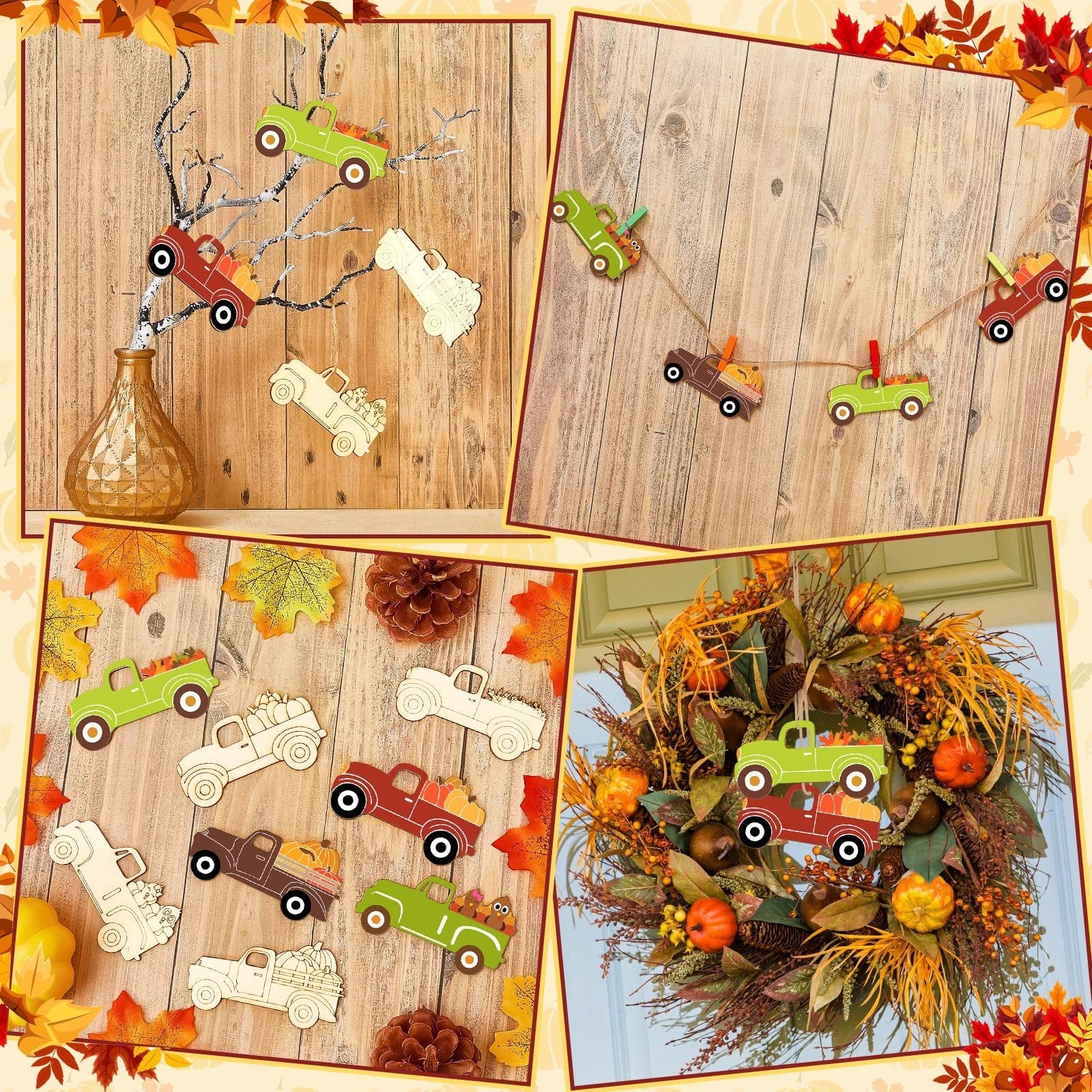 Collage of unfinished wooden fall truck and pumpkin cutouts displayed in various fall-themed settings.
