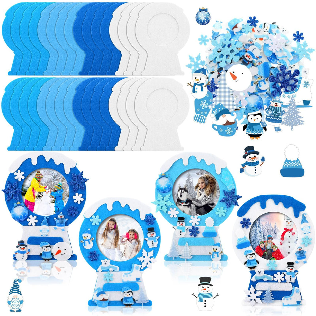 Winter felt picture frame craft kit components and finished examples with photos. Includes felt shapes, stickers, and completed frames.