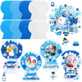 Winter felt picture frame craft kit components and finished examples with photos. Includes felt shapes, stickers, and completed frames.