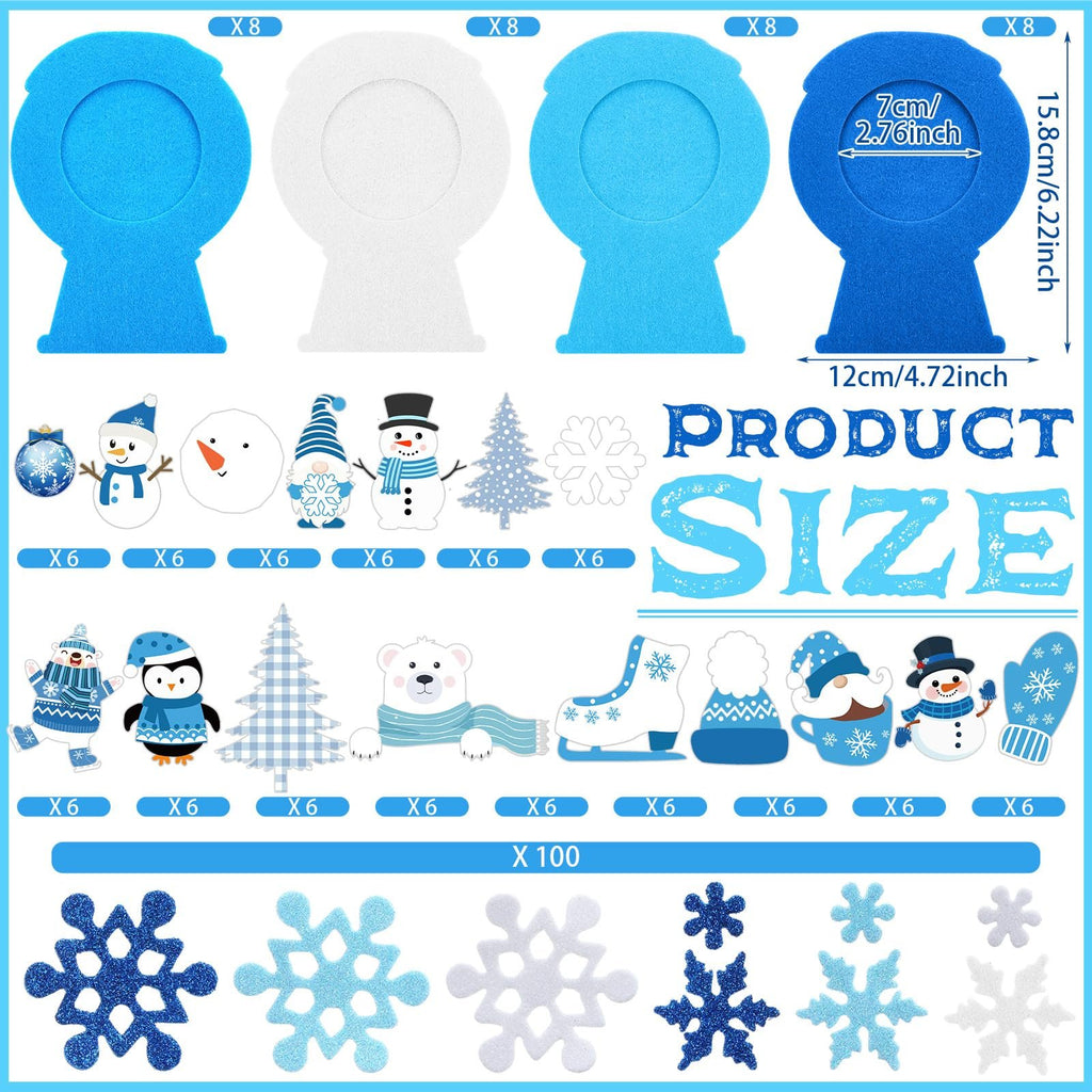 Winter felt craft kit with snowman, penguin, polar bear, gnome, and snowflake shapes. Includes frame bases and decorative stickers.