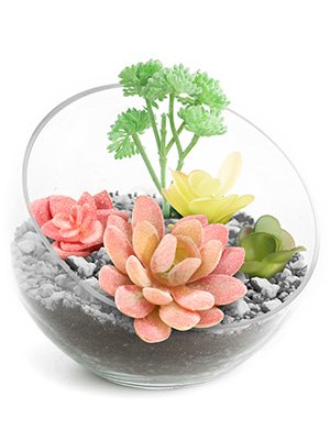 Assortment of colorful artificial succulents arranged in a clear glass bowl with gravel and soil.