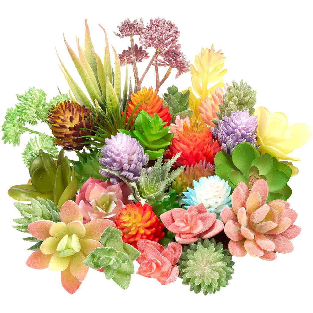 Assortment of 32 unpotted artificial succulents in various colors and shapes, arranged in a cluster on a white background.