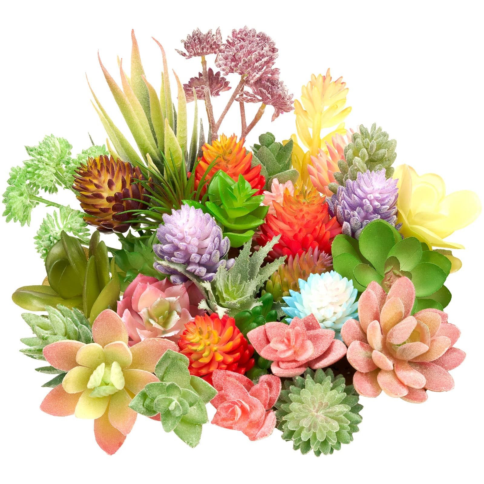 Assortment of 32 unpotted artificial succulents in various colors and shapes, arranged in a cluster on a white background.