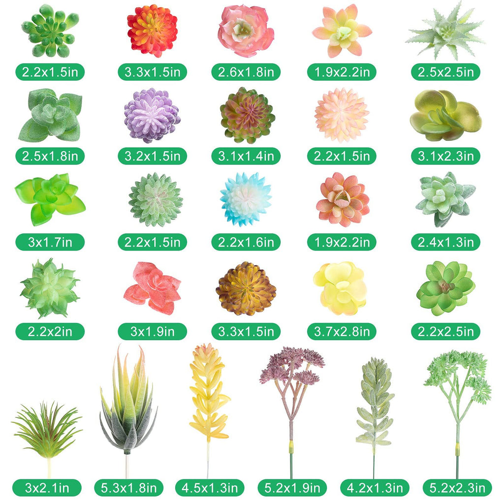 Collection of 32 unpotted artificial succulents in various colors and sizes, each with dimensions labeled below.